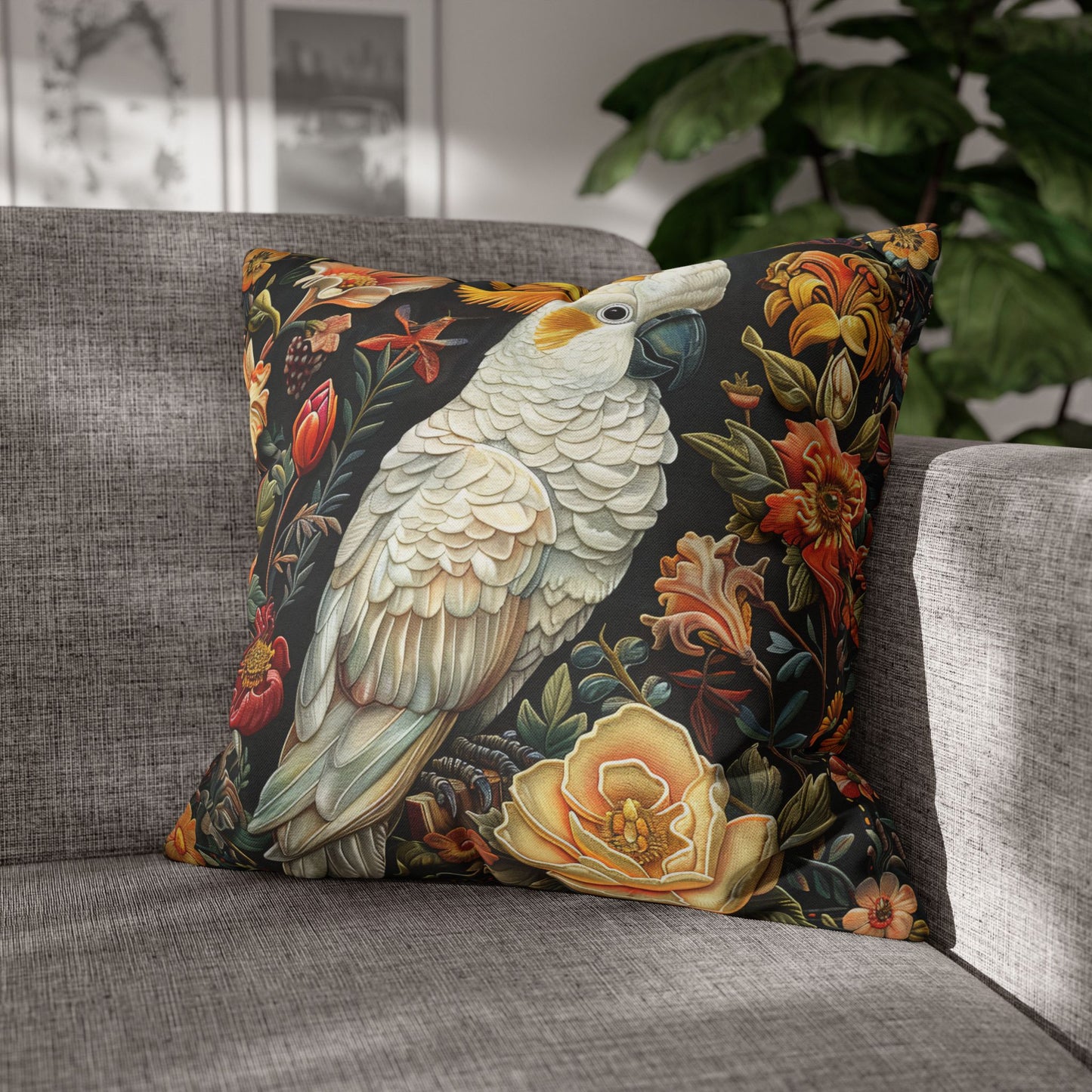 Art Deco Yellow-crested Cockatoo Fall Flowers Square Pillowcase