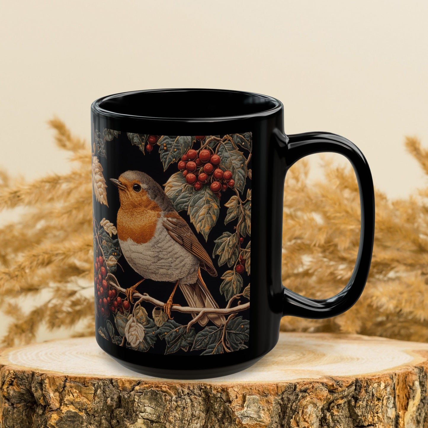 Winter Robin Black Coffee Mug, Red Berries Bird Art Cup, Woodland Nature Lover Gift, Christmas Tea Mug, Cozy Wildlife Ceramic (11oz/15oz)