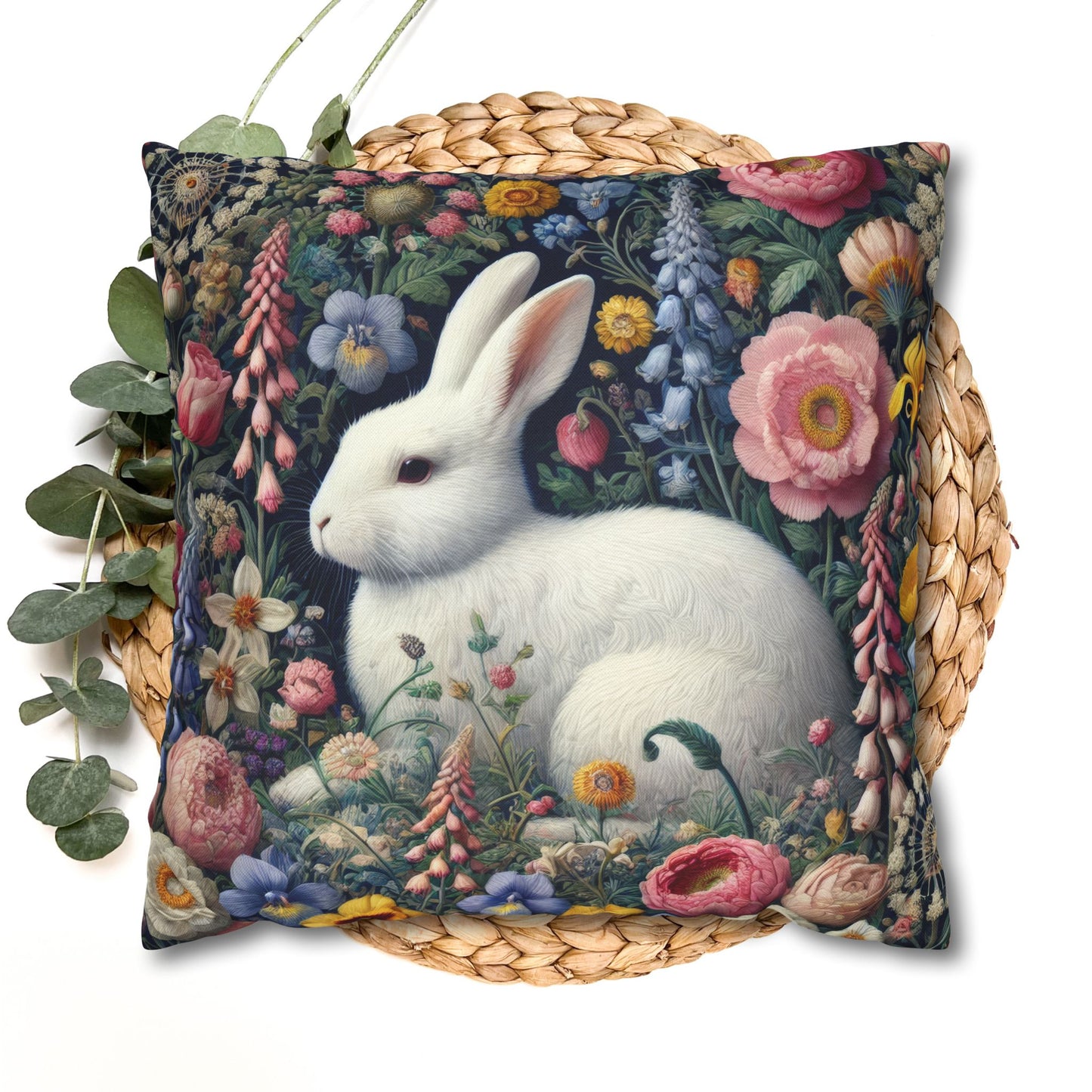 Floral Bunny Pillowcase, Cozy Home Decor, Cute Easter Gift, Soft Throw Pillow Cover, Spring Decoration