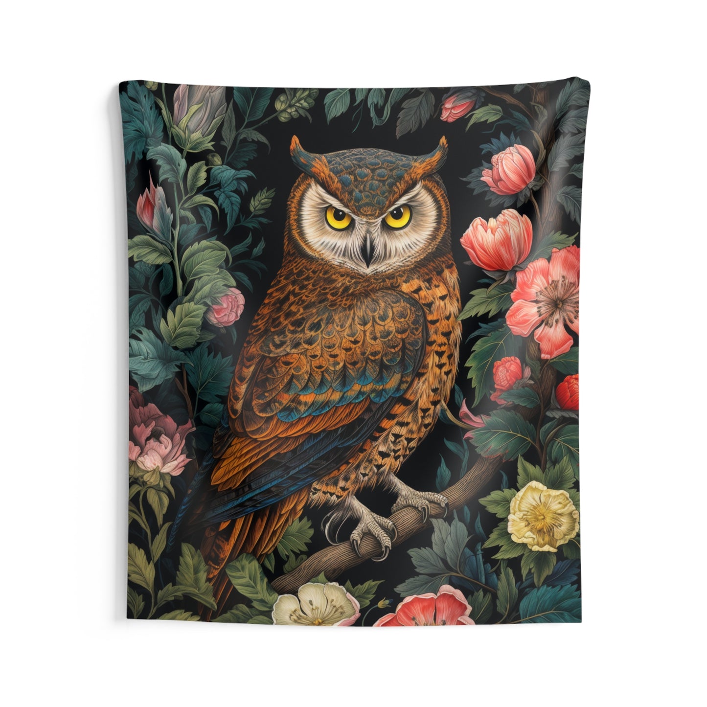 Tapestry of Floral Night Owl | William Morris Medieval Style Wall Art | Cottagecore Hanging and Home Decor