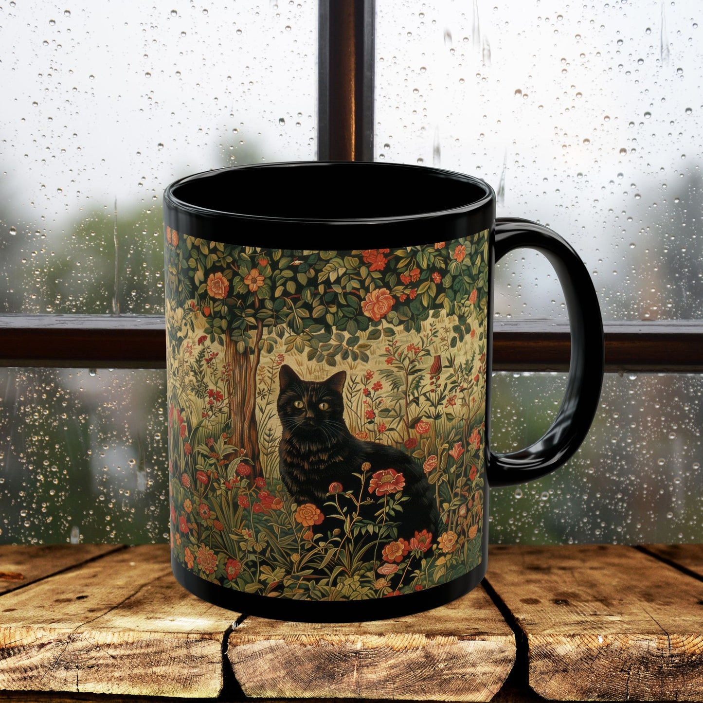 Black Cat Floral Mug, William Morris Style Botanical Cat Coffee Mug, Dark Academia Black Ceramic Mug 11oz & 15oz