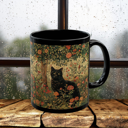 Black Cat Floral Mug, William Morris Style Botanical Cat Coffee Mug, Dark Academia Black Ceramic Mug 11oz & 15oz