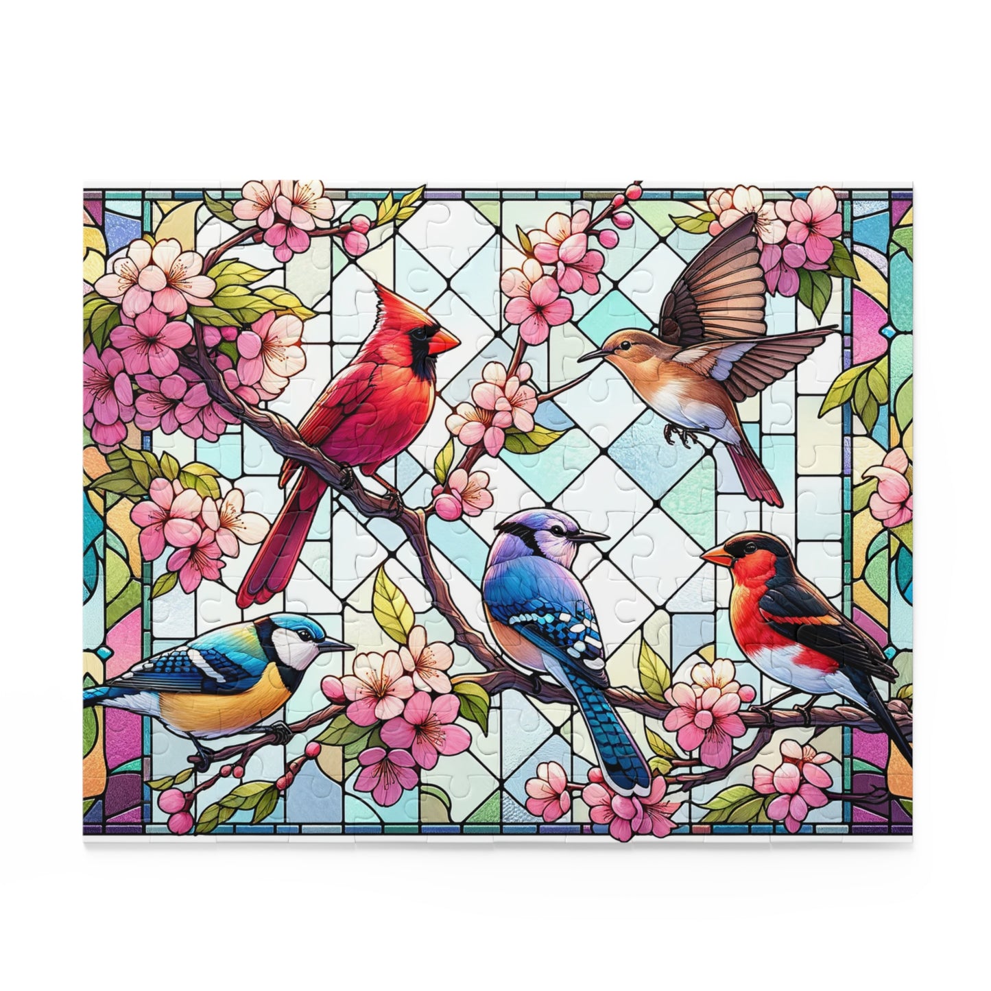 Stained Glass of 5 Spring Birds Jigsaw Puzzle (120, 252, 500-Piece) Adult Jigsaw Puzzle, Gift Him Her
