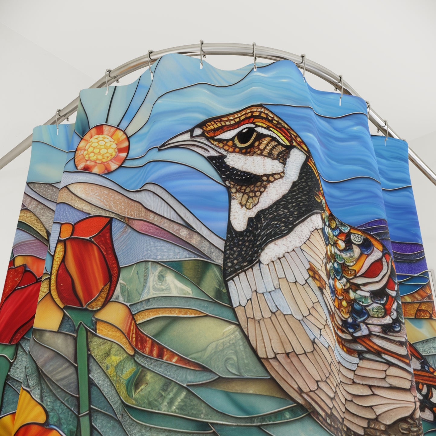 Stained Glass Valley Quail birds and Golden Poppy Field Polyester Shower Curtain