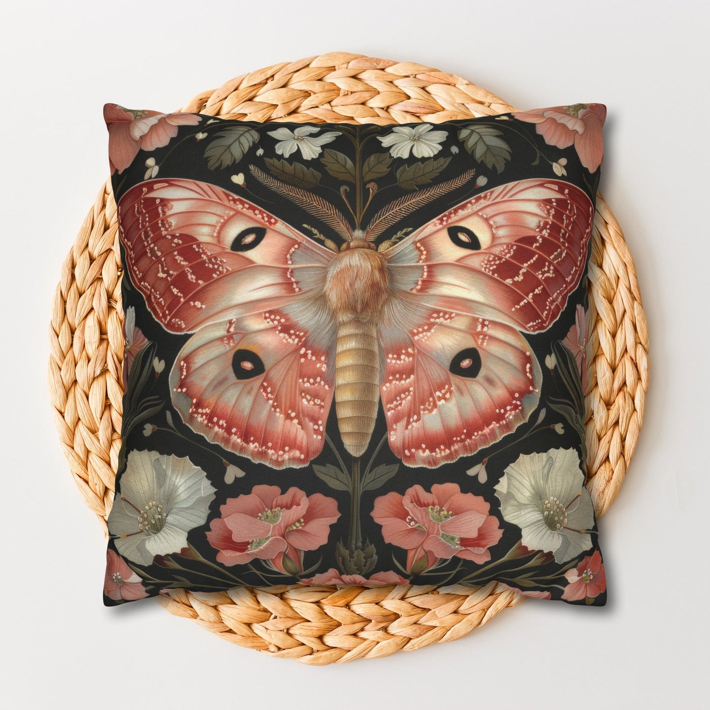 William Morris Inspired Woodland Pink Primrose Moth Decorative Pillowcase