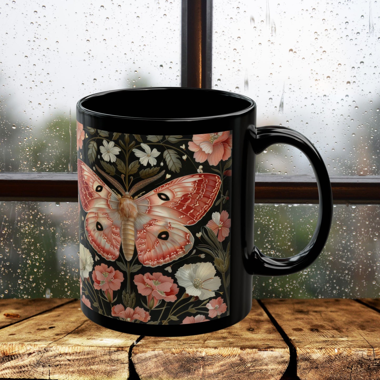 Woodland Pink Primrose Moth William Morris Inspired Black Coffee Mug For Her Him Ceramic Mug Black Mug 11oz, 15oz