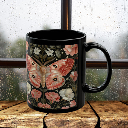 Woodland Pink Primrose Moth William Morris Inspired Black Coffee Mug For Her Him Ceramic Mug Black Mug 11oz, 15oz