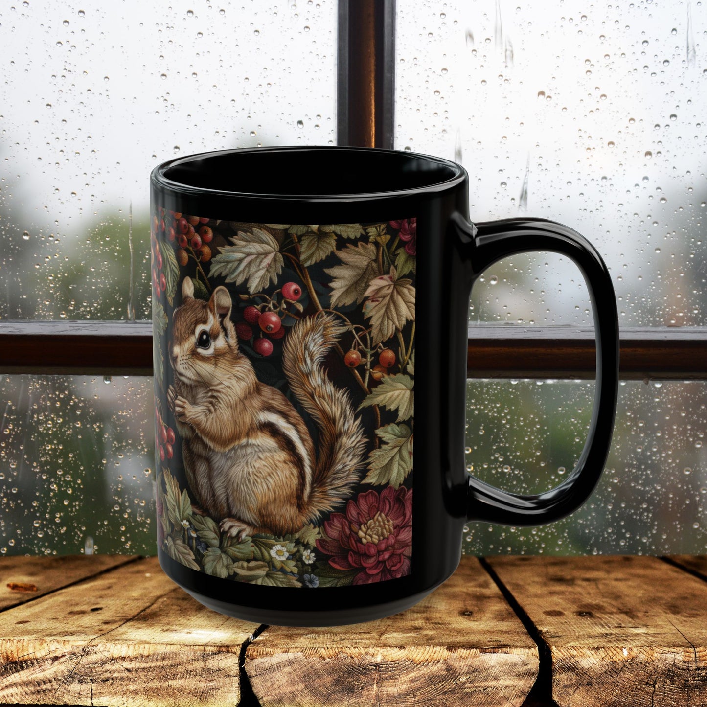 Whimsical Chipmunk Autumn Mug, Black Ceramic Woodland Animal Cup 11oz & 15oz Fall Forest Nature Coffee Mug for Animal Lovers