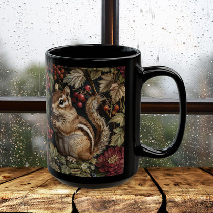 Whimsical Chipmunk Autumn Mug, Black Ceramic Woodland Animal Cup 11oz & 15oz Fall Forest Nature Coffee Mug for Animal Lovers