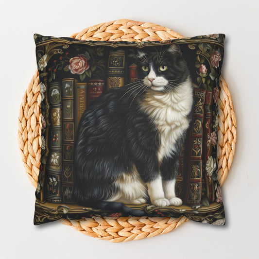 William Morris Inspired Tuxedo Cat Vintage Bookshelf Botanical Decorative Pillowcase