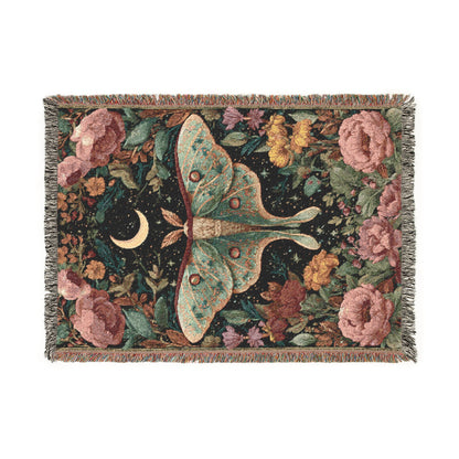 Luna Moth & Crescent Moon Woven Blanket, Floral Boho Tapestry Throw looks, Celestial Nature-Inspired Home Decor