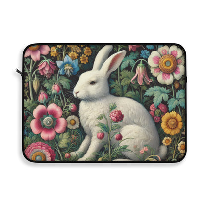 White rabbit Pastel Wildflower Laptop Sleeve, William Morris Design, Protective Case, Gift for Nature Lovers