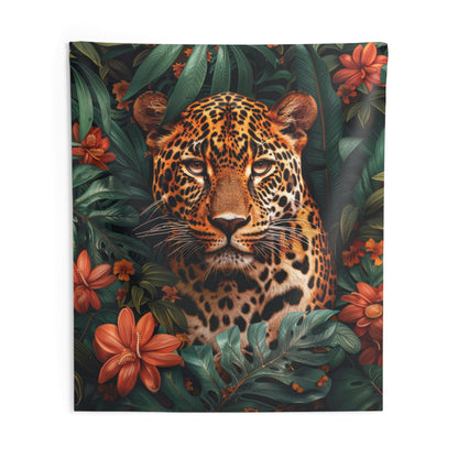 Jungle Leopard Portrait Tapestry, Botanical Wildlife Wall Hanging