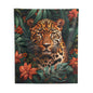 Jungle Leopard Portrait Tapestry, Botanical Wildlife Wall Hanging