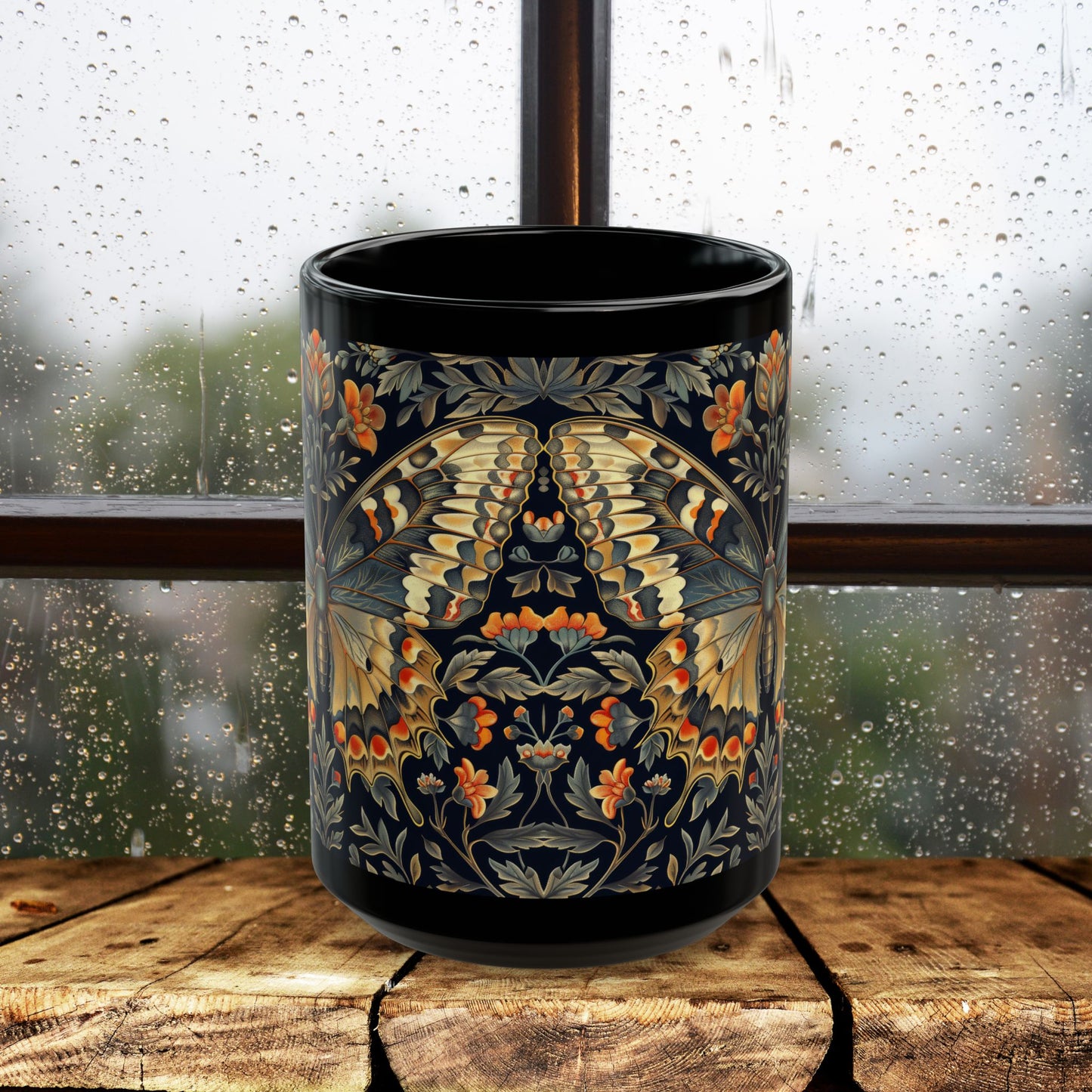 William Morris Butterfly Coffee Mug, Botanical Woodland Black Ceramic Cup, Vintage Insect Lover Gif