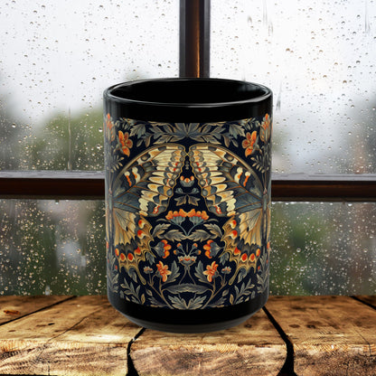 William Morris Butterfly Coffee Mug, Botanical Woodland Black Ceramic Cup, Vintage Insect Lover Gif