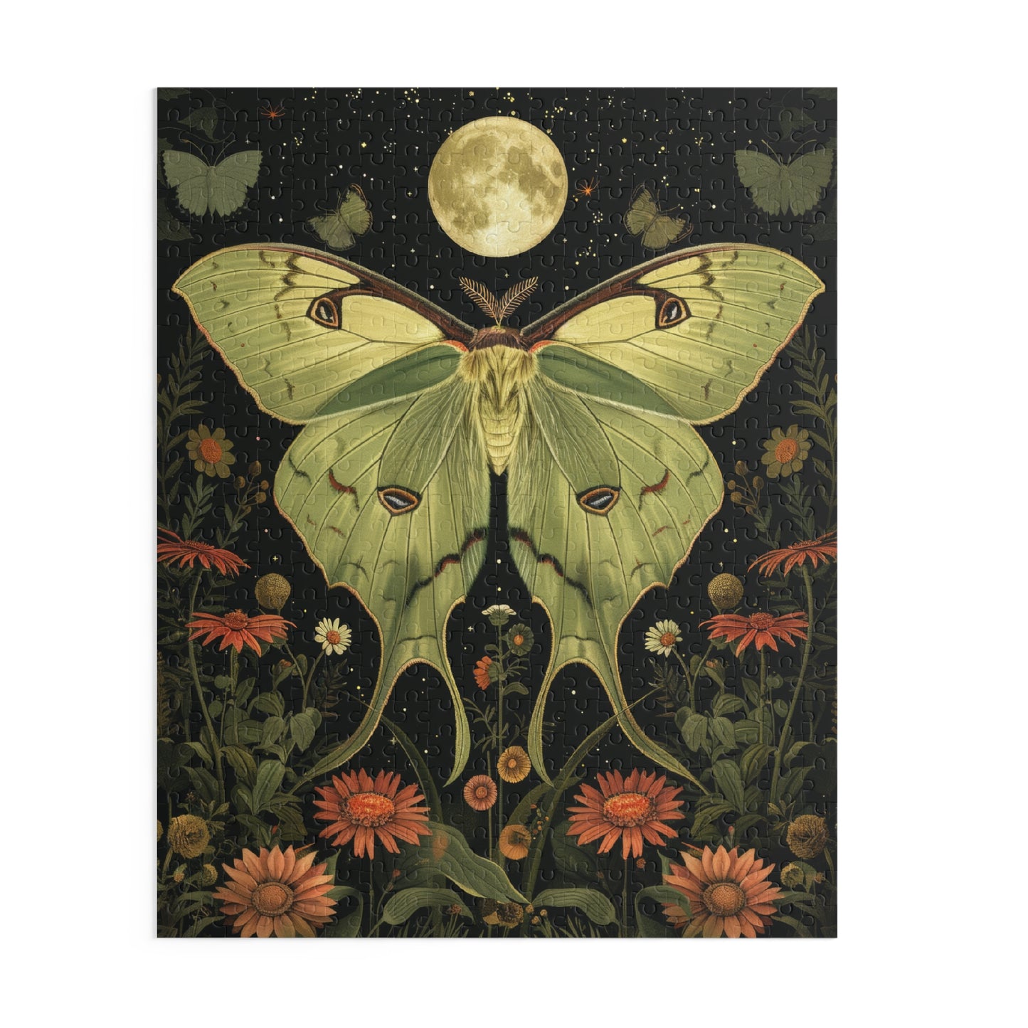 William Morris Inspired Magical Green Luna Moth Night Moon Puzzle Box (120, 252, 500-Piece) Family Jigsaw Puzzle, Puzzle Box Gift