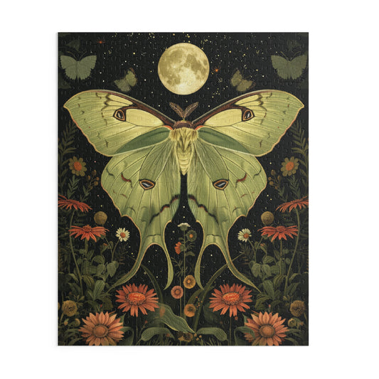 William Morris Inspired Magical Green Luna Moth Night Moon Puzzle Box (120, 252, 500-Piece) Family Jigsaw Puzzle, Puzzle Box Gift