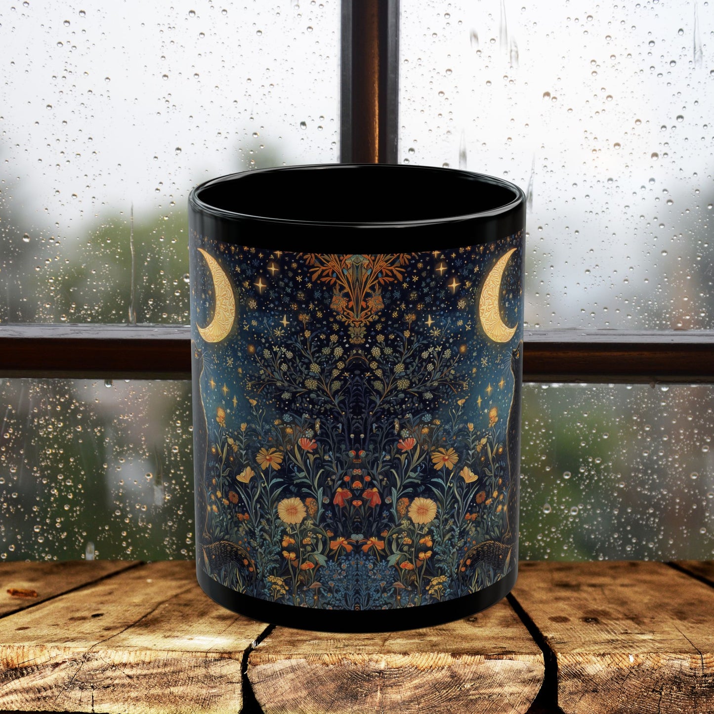 Mystical Black Cat Moon Mug, Celestial Floral Night Garden Coffee Cup 11oz & 15oz, Witchy Starry Magic Cat Lover Gift