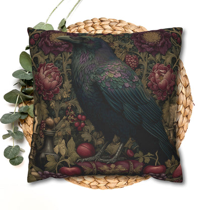 Gothic Raven & Peony Candle Pillow, Dark Academia Bird Cushion with Fruit and Floral Design, Halloween Home Decor