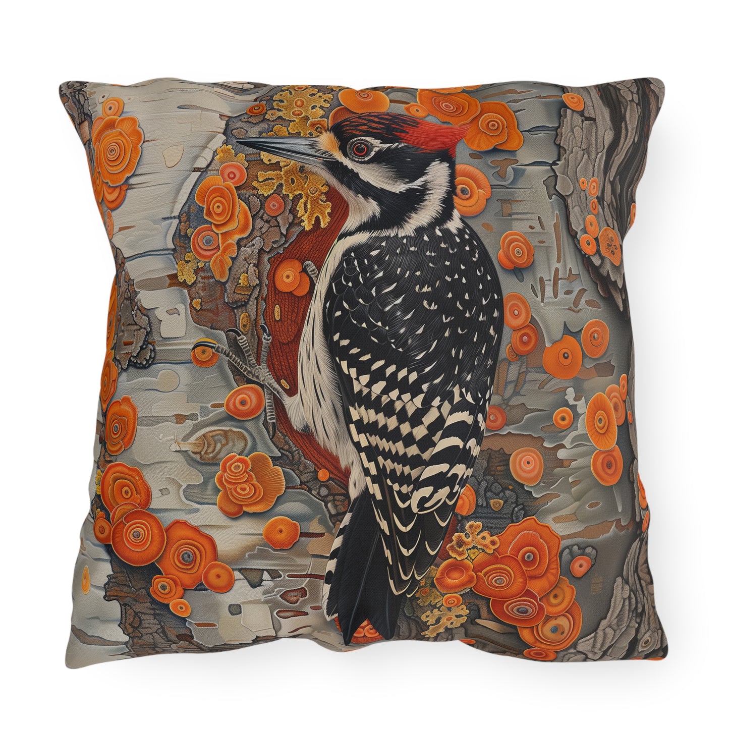 Woodpecker Outdoor Pillow, Bird Throw Pillow, Woodland Cushion, Rustic Cabin Decor Pillow, Nature Lover Gift, Botanical Accent Pillow, Wildlife Pillow