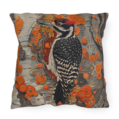 Woodpecker Outdoor Pillow, Bird Throw Pillow, Woodland Cushion, Rustic Cabin Decor Pillow, Nature Lover Gift, Botanical Accent Pillow, Wildlife Pillow