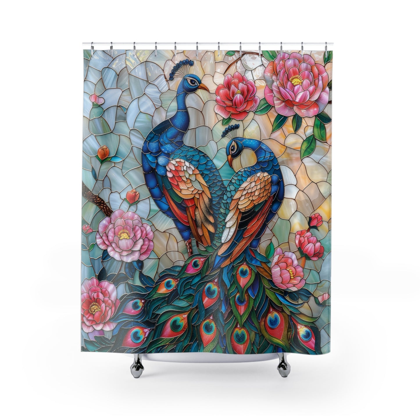 Faux Stained Glass Peacock Couple Print Shower Curtain, Housewarming Gift