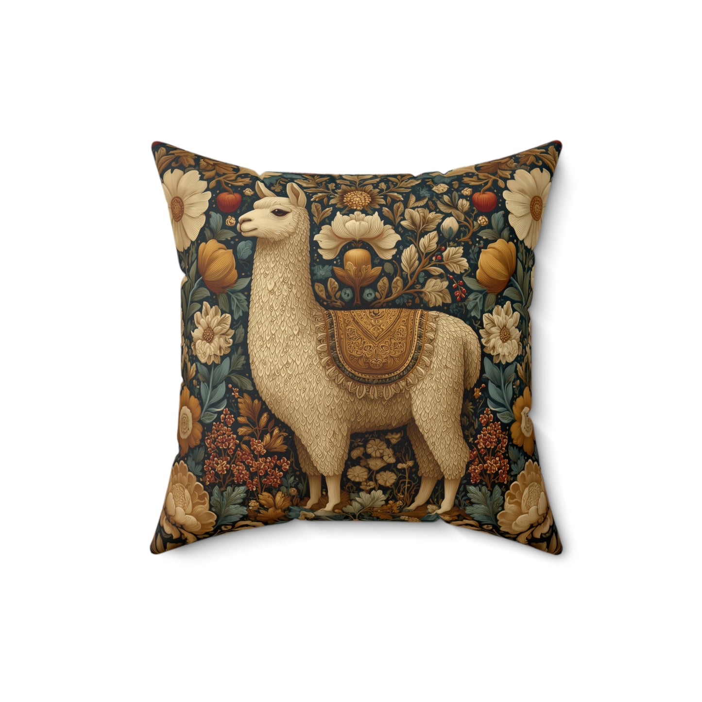 Golden Alpaca Floral Pillow, William Morris Style Botanical Animal Cushion Home Décor