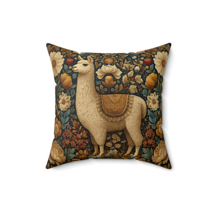 Golden Alpaca Floral Pillow, William Morris Style Botanical Animal Cushion Home Décor