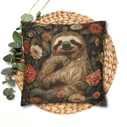 Botanical Sloth Pillowcase, Cozy Woodland Animal Cushion, William Morris Inspired Floral Throw Pillowcase