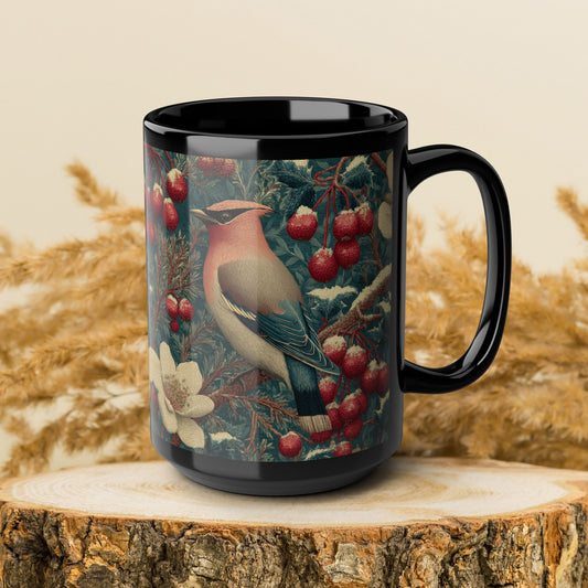 Waxwing Bird Vintage Berry Botanical Black Mug (11oz,15oz) Nature Lover Wildlife Art Gift