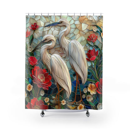 Faux Stained Glass Great White Heron Red Flowers Polyester Shower Curtain