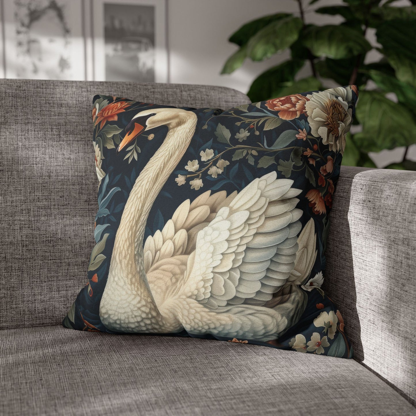 Botanical Swan Pillowcase: William Morris Style Decorative Throw Pillow