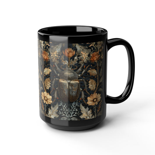 William Morris Inspired Beetle Botanicals Black Coffee Mug (11oz, 15 oz) Insect Lover Gift, Nature Garden Decor