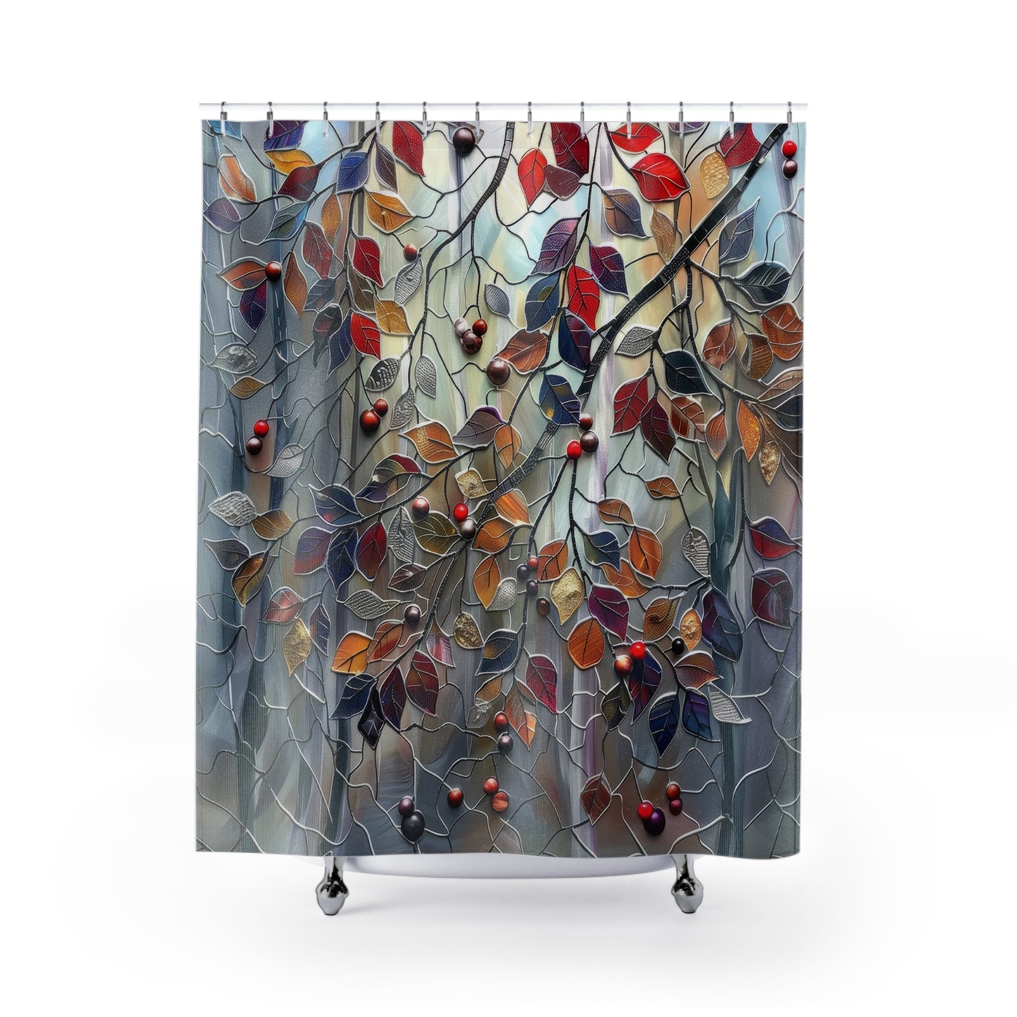 Stained Glass Fall Leaves And Berries Polyester Shower Curtain