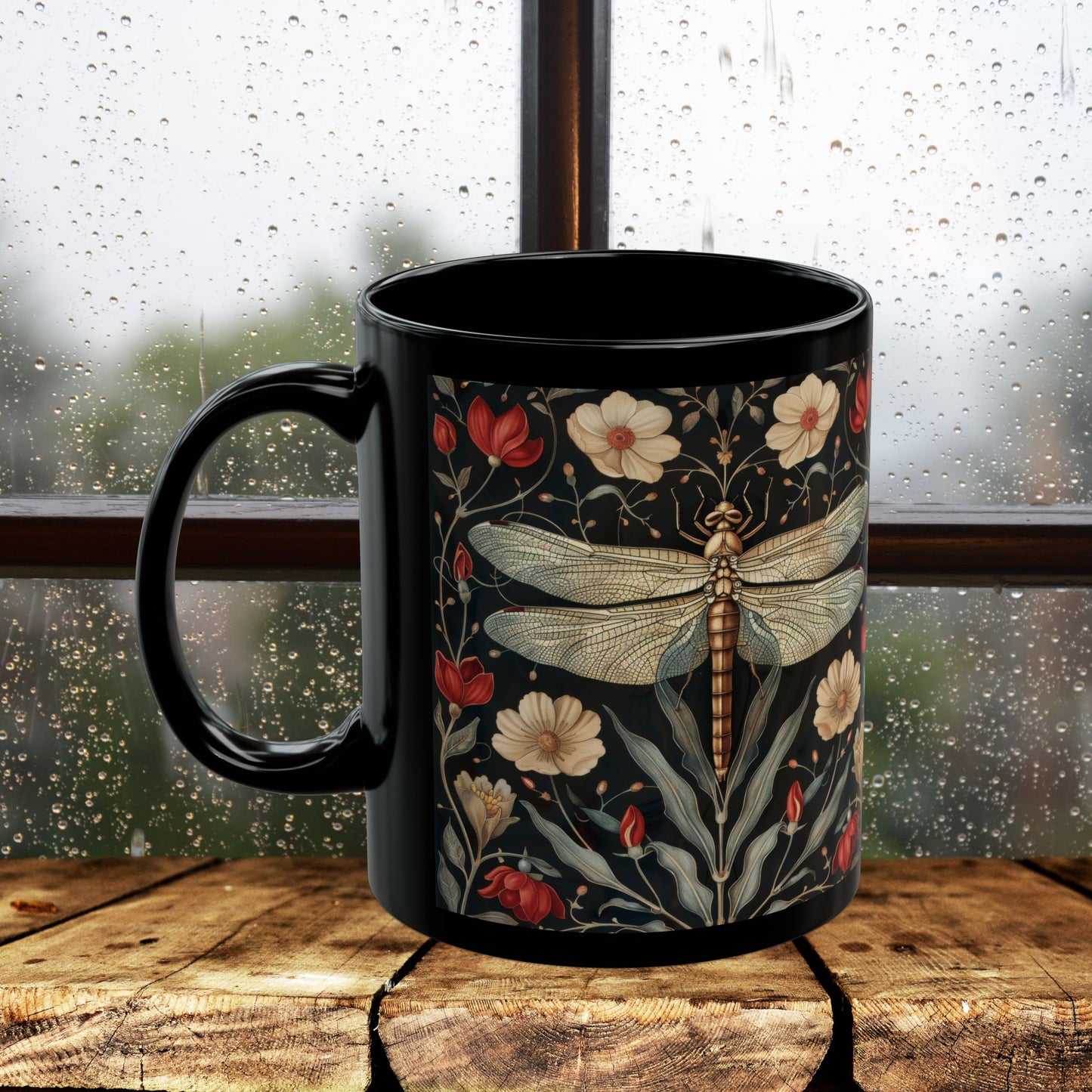 William Morris Inspired Botanical Dragonfly Black Mug 11oz, 15 oz