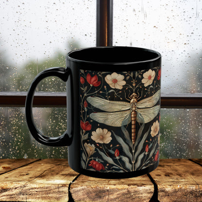 William Morris Inspired Botanical Dragonfly Black Mug 11oz, 15 oz