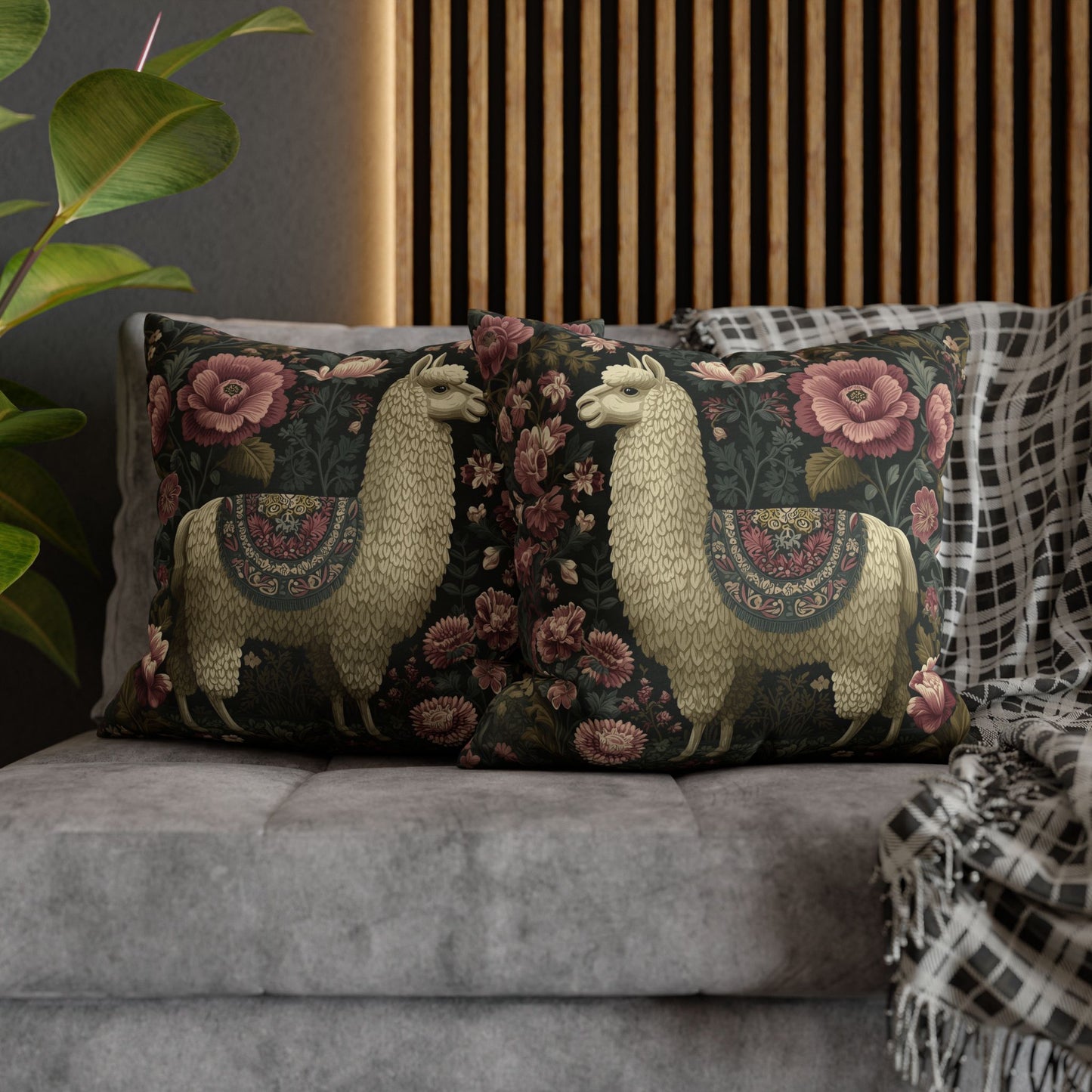 Llama Floral Pillowcase, William Morris Style Animal Cushion with Vintage Botanical Design