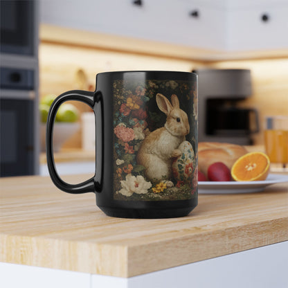 Easter Bunny Floral Black Mug, Vintage Rabbit & Painted Egg Coffee Cup (11oz/15oz)