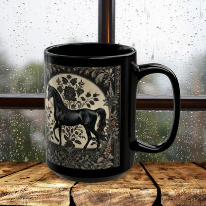 Botanicals Arabian Black Horse William Morris Inspired Black Coffee Cup 11oz, 15oz
