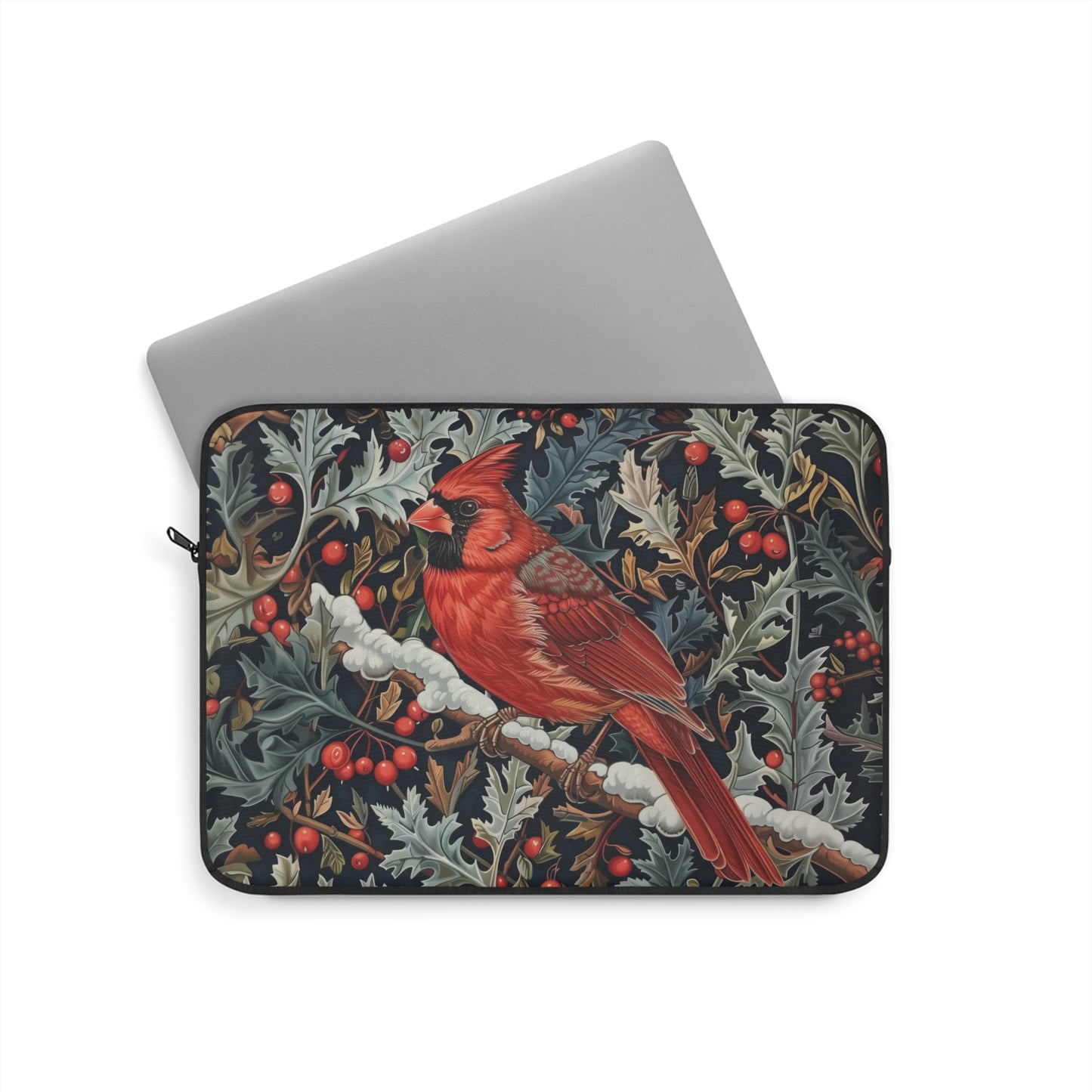 Cardinal Laptop Sleeve, William Morris Inspired Winter Bird Art Case, Red Cardinal Floral Laptop Cover