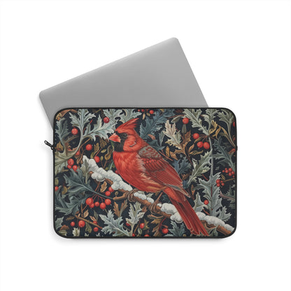 Cardinal Laptop Sleeve, William Morris Inspired Winter Bird Art Case, Red Cardinal Floral Laptop Cover