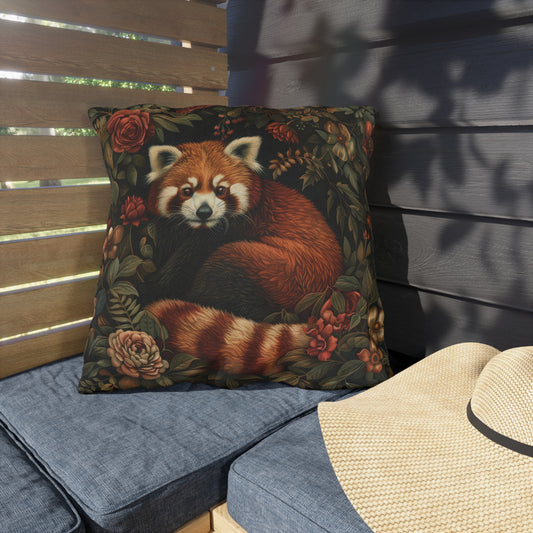 Red Panda Outdoor Pillow, Woodland Animal Throw Pillow, Floral Forest Cushion, Cottagecore Nature Decor, Rustic Patio Accent Pillow