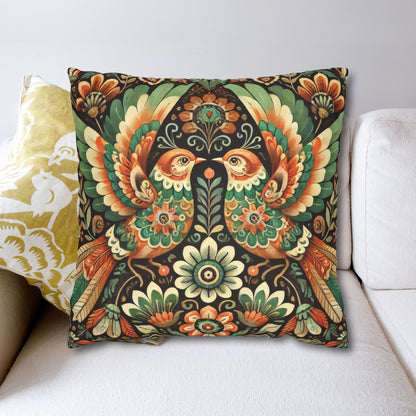 Folk Art of Two Birds and Flowers Pattern Pillowcase