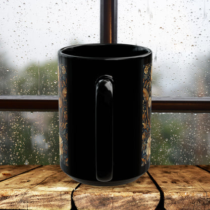 William Morris Inspired Botanical Barn Owl Black Coffee Mug | Mystical Owl Black Mug 11oz, 15 oz