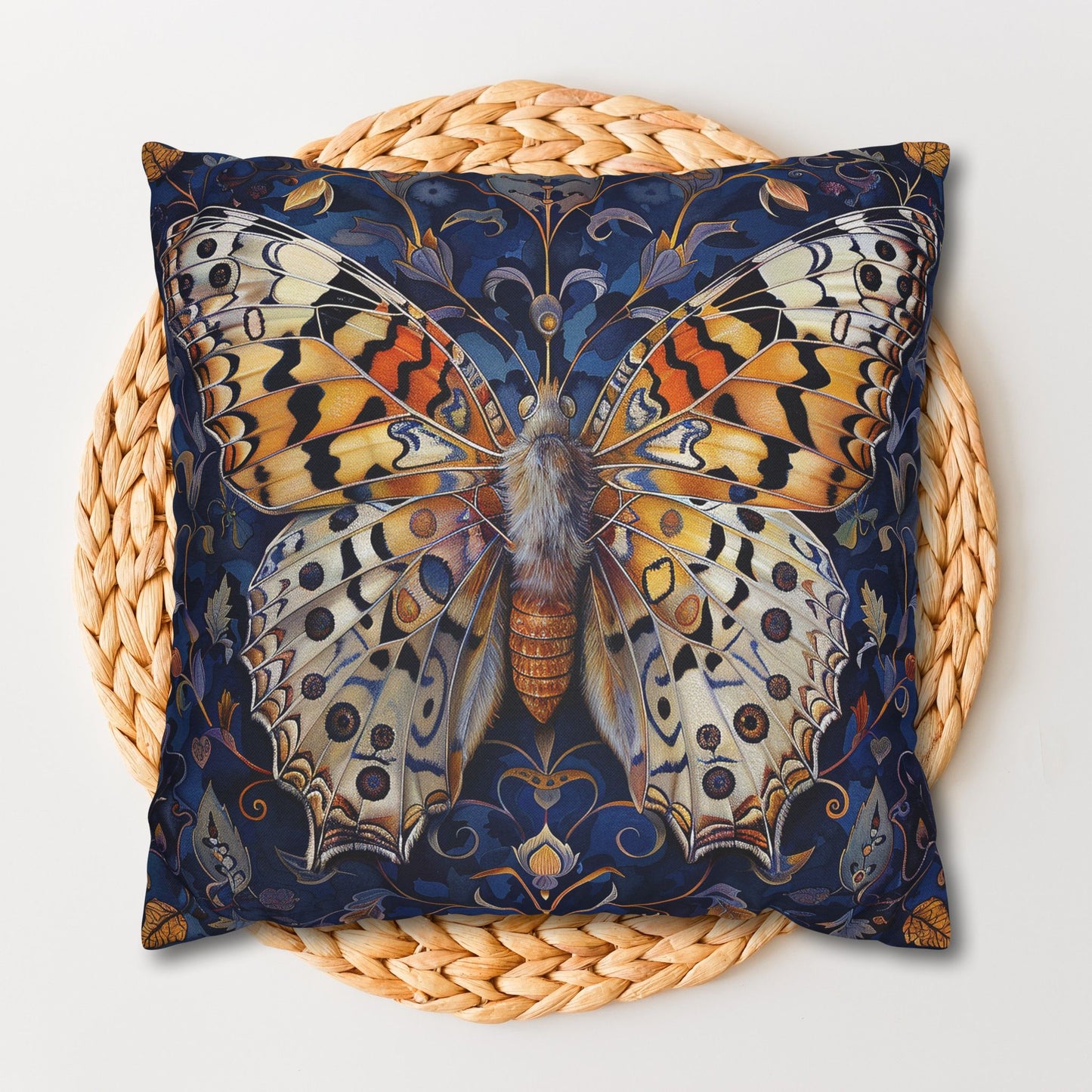 William Morris Inspired Blue Ornate Butterfly Decorative Pillowcase