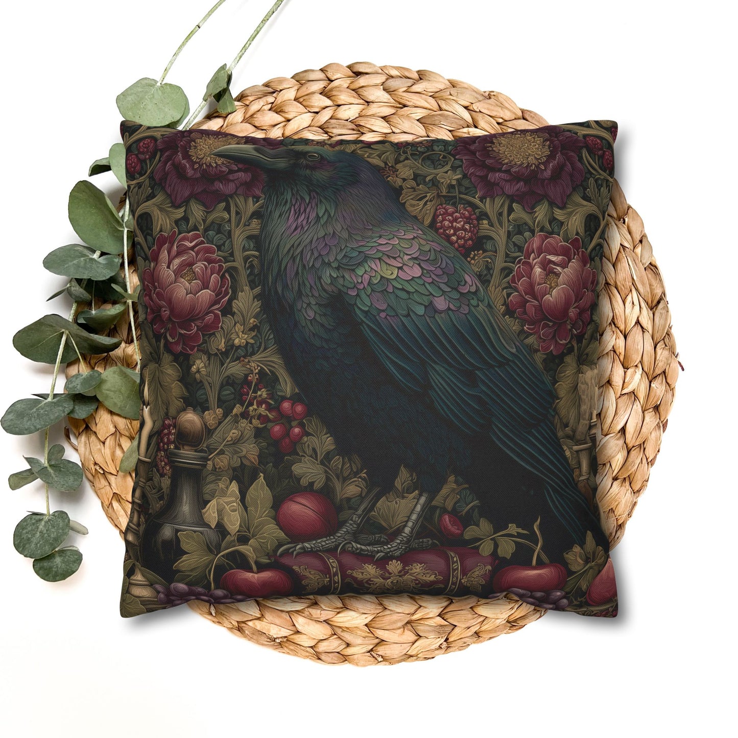 Gothic Raven & Peony Candle Pillowcase, Dark Academia Bird Cushion with Fruit and Floral Design, Halloween Home Decor