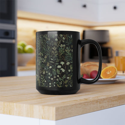 William Morris Inspired Green Botanical Black Coffee Mug 11oz, 15 oz