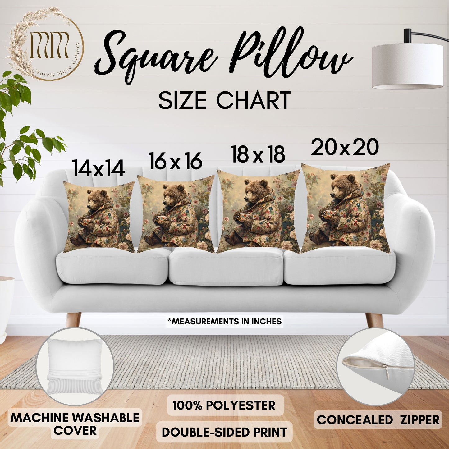Cozy Floral Bear Tea Time Pillow Decorative Square Throw Pillow