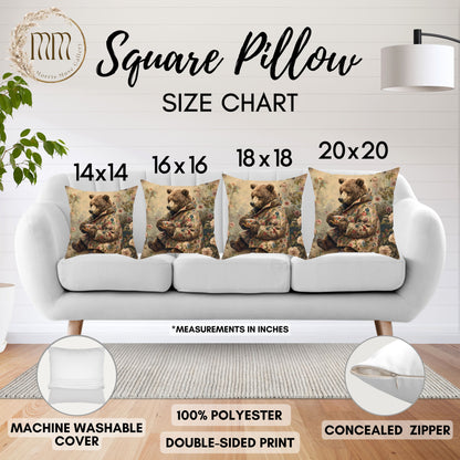 Cozy Floral Bear Tea Time Pillow Decorative Square Throw Pillow
